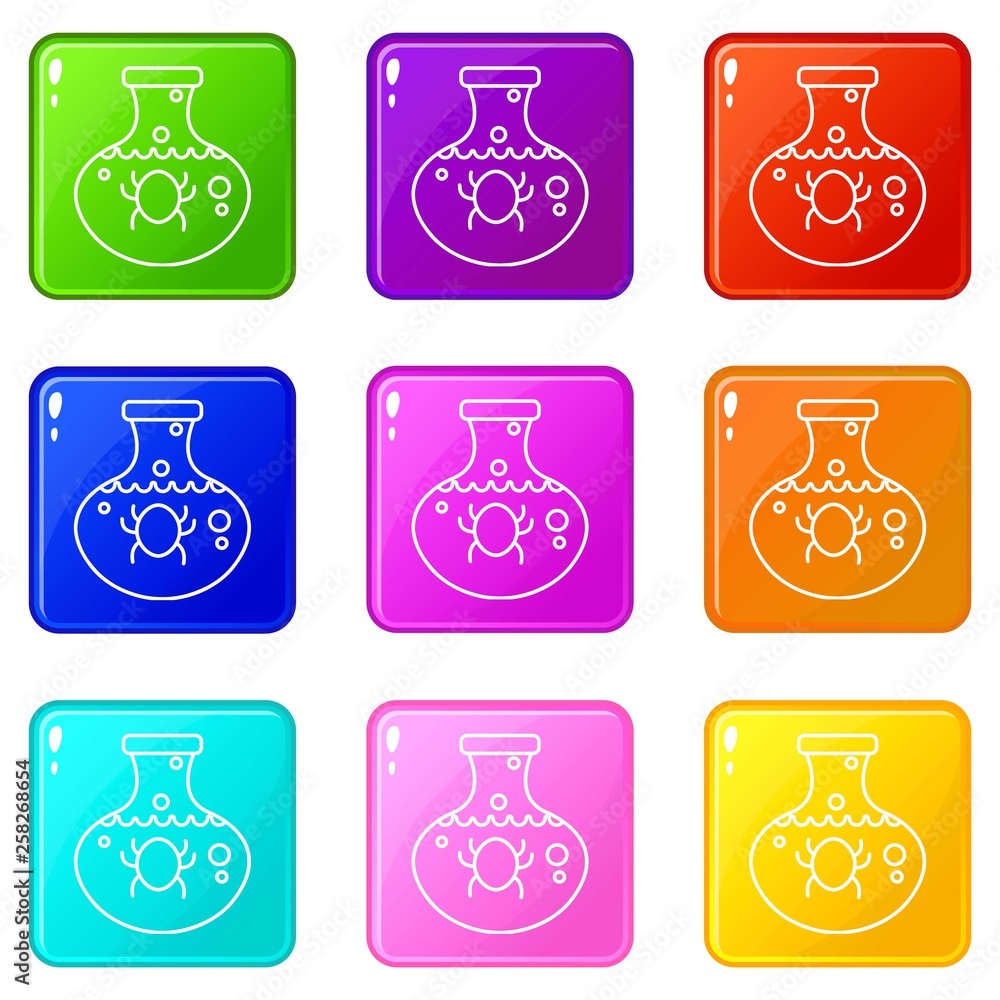 Chemical bug icons set 9 color collection isolated on white for any design Chemical bug icons set 9 color collection isolated on white for any design