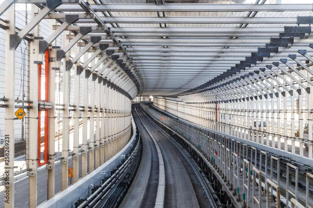 Tokyo. Monorail tunnel for unmanned and automated trains on Rainbow Brige to Odaiba, artificial island in Tokyo Bay, Japan. Tokyo. Monorail tunnel for unmanned and automated trains on Rainbow Brige to Odaiba, artificial island in Tokyo Bay, Japan.
