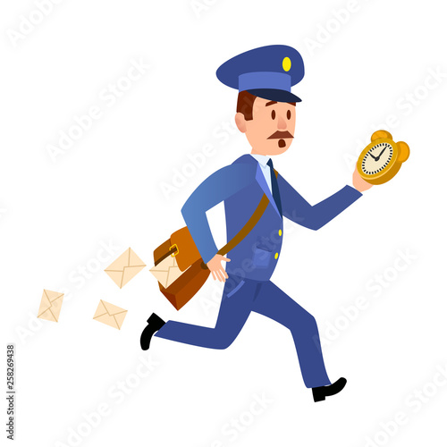 Running mailman hurries to deliver mails. Isolated mailman with bag, dropping letters and clock in hand isolated on white background. Postman greets you and run to give you mail vector illustration