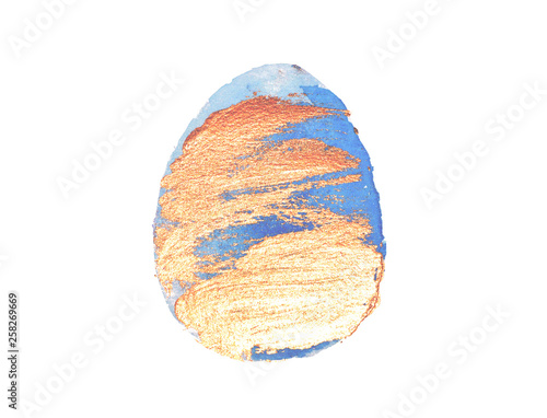 Hand drawn blue and golden watercolor Easter egg on white background