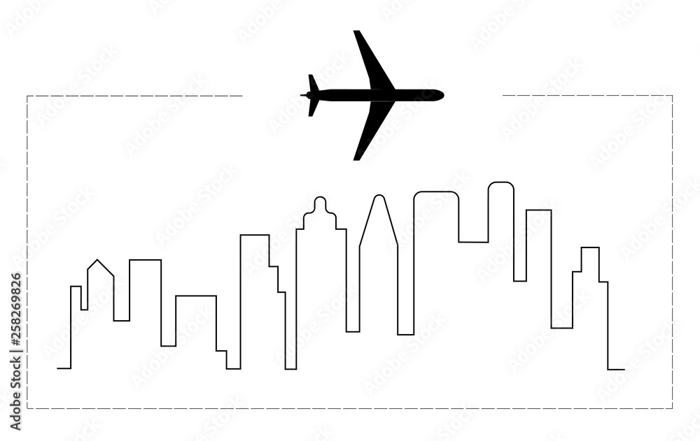 plane on the silhouette of the city in the way