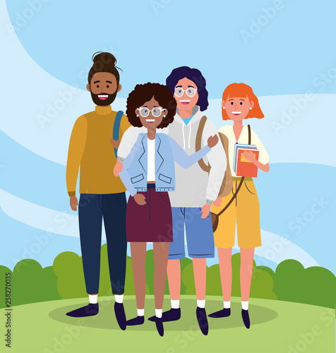 university woman and men friends with backpacks