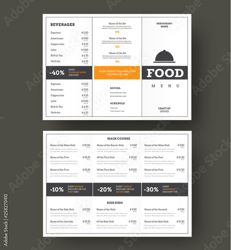 Design vector folding menu for cafes and restaurants with vertical and horizontal blocks for text and shares.