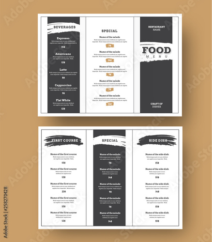 White menu template with black grunge elements for cafes and restaurants.