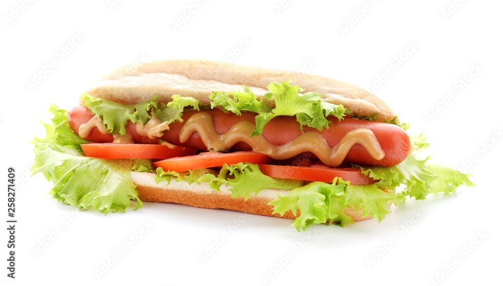 Tasty hot dog on white background Tasty hot dog on white background