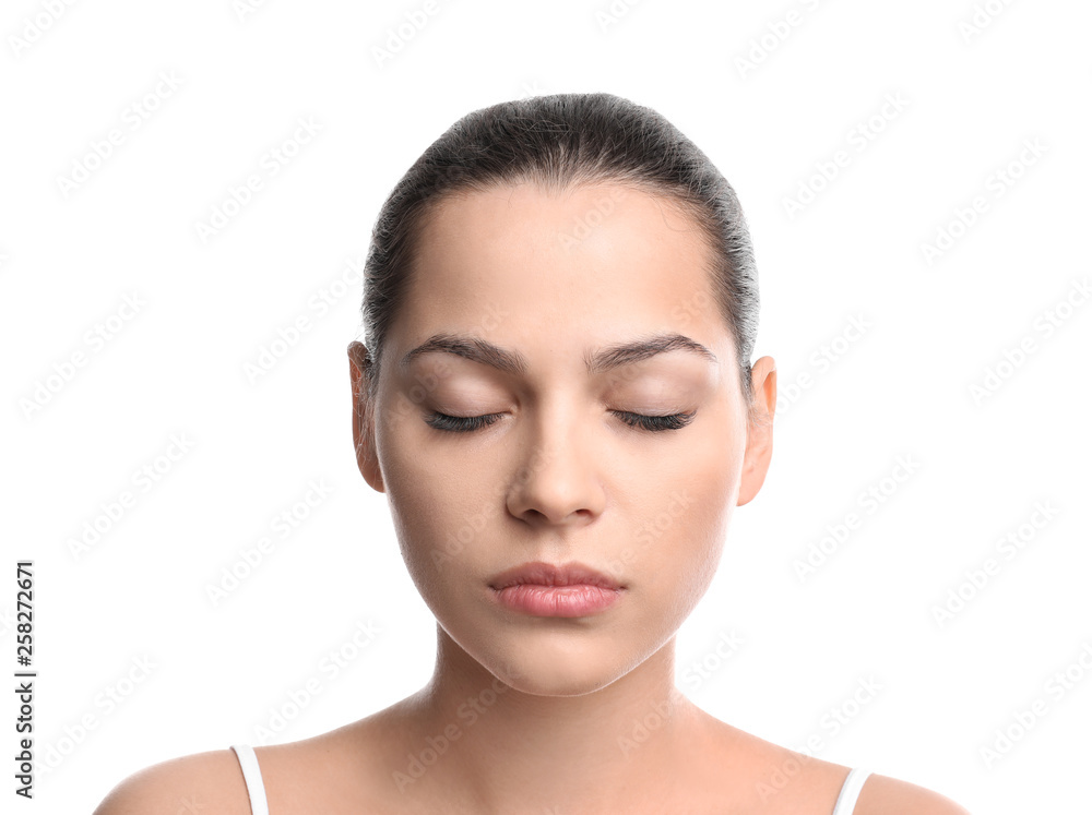Beautiful young woman with eyelash extensions on white background Beautiful young woman with eyelash extensions on white background