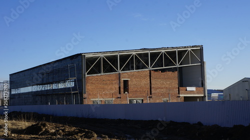 construction, brick, steel beams, structures, hangar, boxing, workshop, scaffolding, fence, aviation