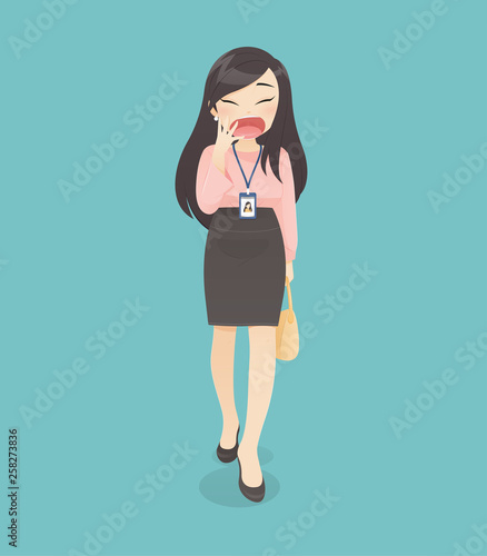 The woman in working dress is yawning while she is going to office, Vector illustration in character design