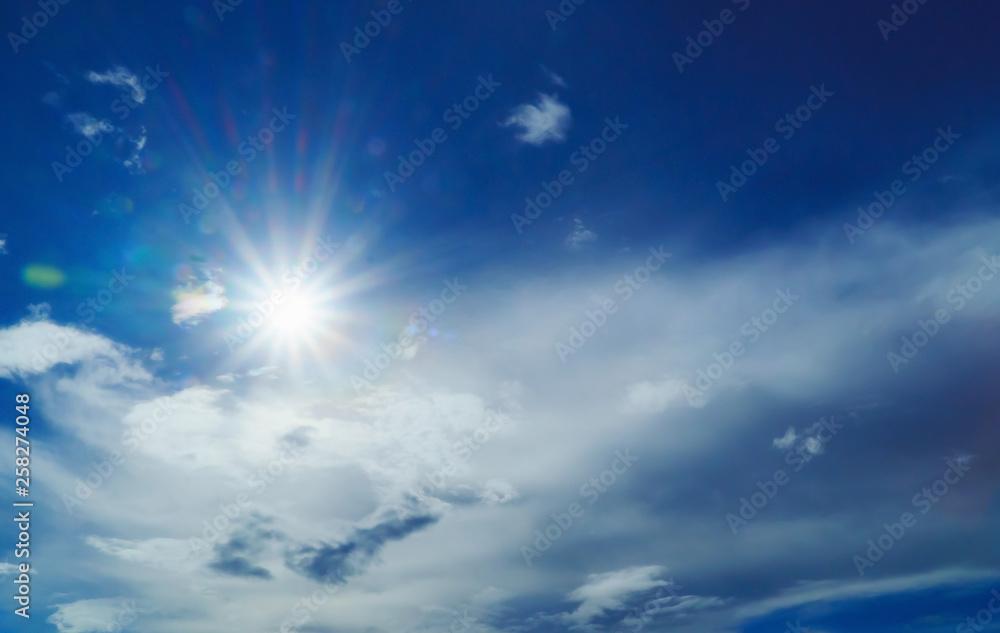 Strong sun and skies, Clear sky background with tiny clouds, blue sky with clouds and sun.