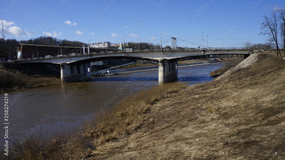 bridge, landscape, morning on the river, river, fortress wall, city, water, early spring on the river bridge, landscape, morning on the river, river, fortress wall, city, water, early spring on the river