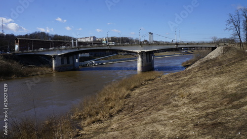 bridge, landscape, morning on the river, river, fortress wall, city, water, early spring on the river