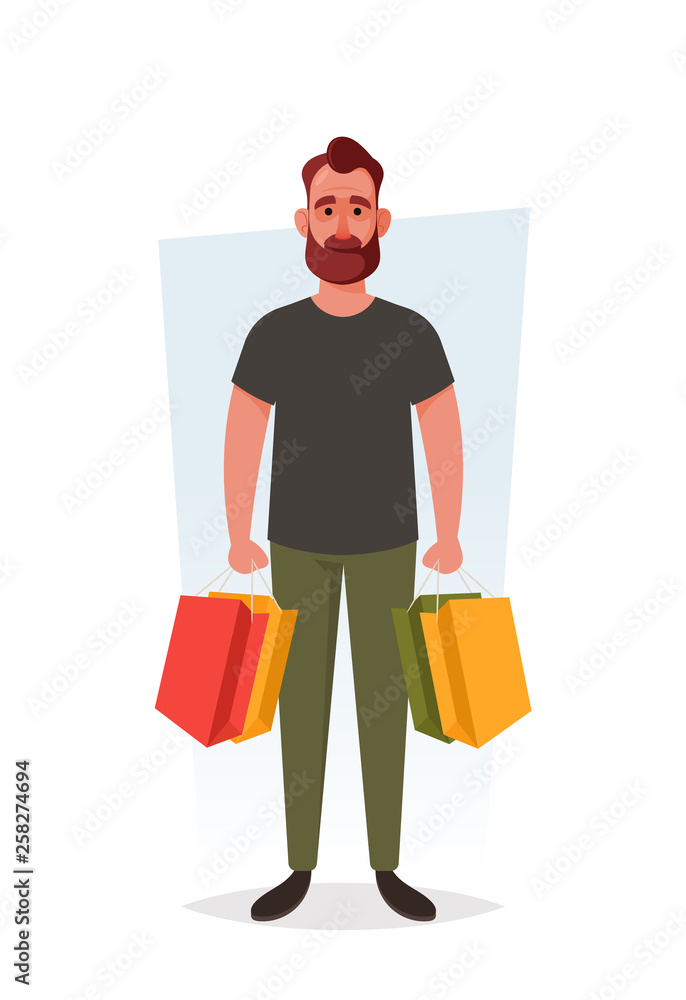 Funny Character. Bearded Man Holding Shopping Bags. Cartoon Style. Vector Illustration