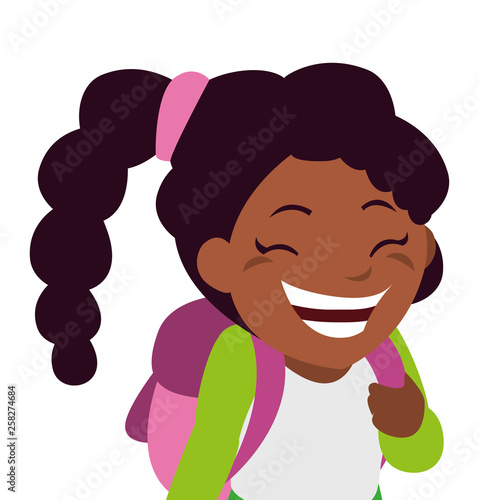 happy little black schoolgirl with schoolbag character