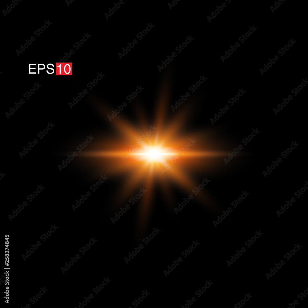 isolated orange Rays with lens flare, Sun flare, flare on the black background. Transparent Vector Illustration isolated orange Rays with lens flare, Sun flare, flare on the black background. Transparent Vector Illustration