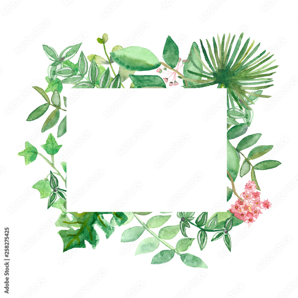 Fototapeta premium Watercolor spring lush square frame of tropical branches with pink flowers branches .Framed pattern of flexible branches with pink flowers isolated on white background, with space for text.