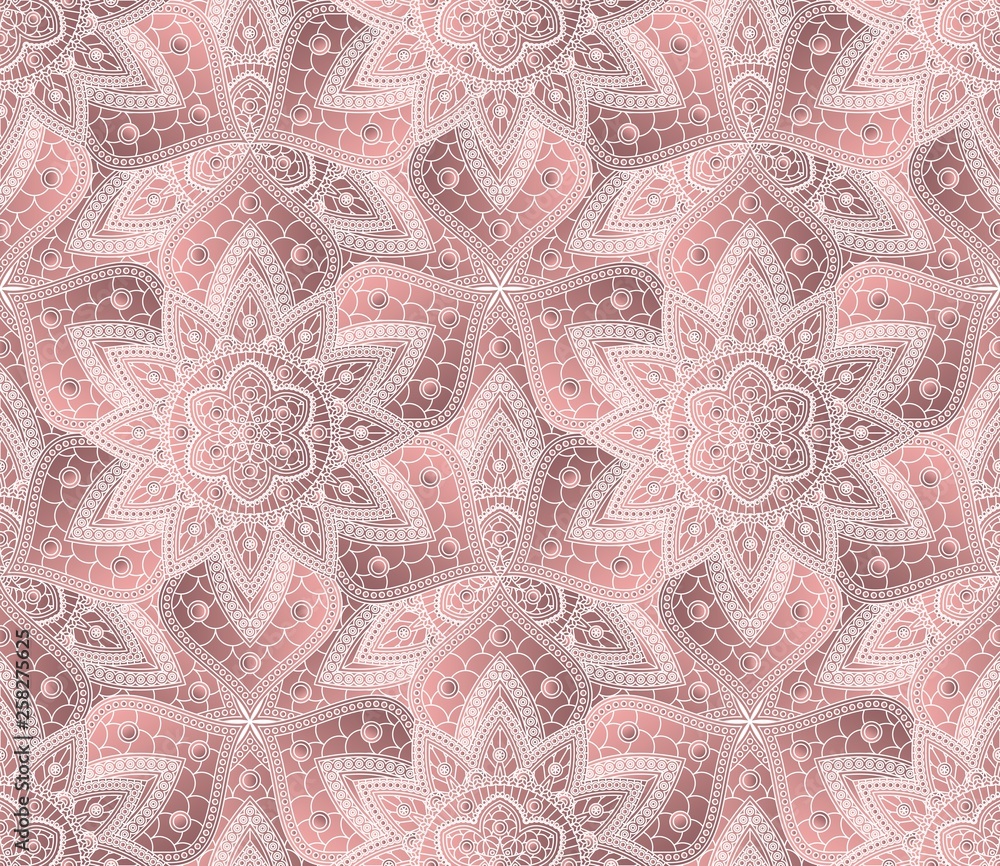 Seamless pattern with mandalas ornament in dusty rose colors. Vector design. Seamless pattern with mandalas ornament in dusty rose colors. Vector design.