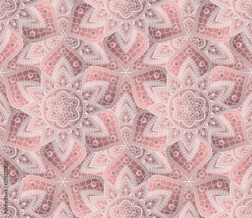 Seamless pattern with mandalas ornament in dusty rose colors. Vector design.
