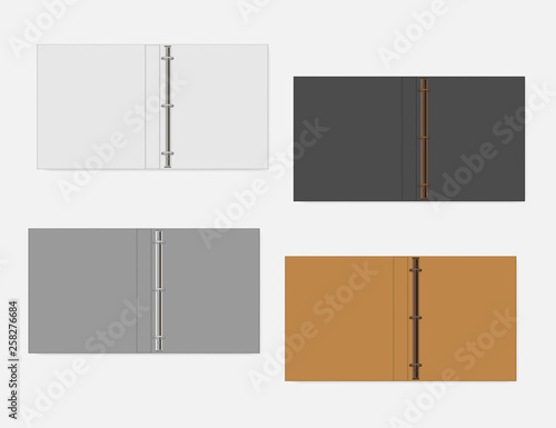 3 ring binder, realistic mock up. Set of white, gray, black, orange colors. Open folder, vector template