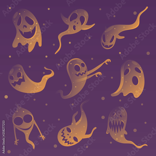 Vector set of scary angry ghost apparition spook horror a friend ghost funny starry sky.Halloween spirits