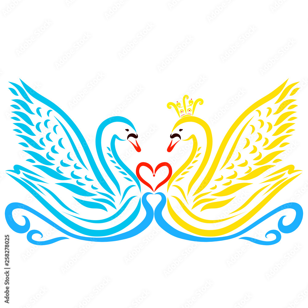 Beautiful pair of swans, a blue swan and a princess, on the waves Beautiful pair of swans, a blue swan and a princess, on the waves