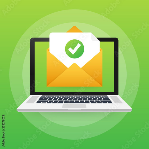 Opened envelope and document with green check mark. Verification email. Vector illustration.