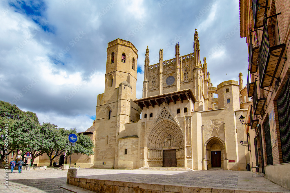 Huesca Cathedral in cloudy day. Aragon, Spain