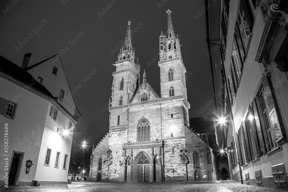 Basel Minster at Night in black and white