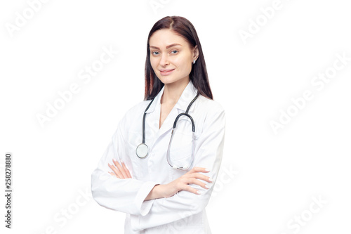 portrait of woman in doctor lab coat