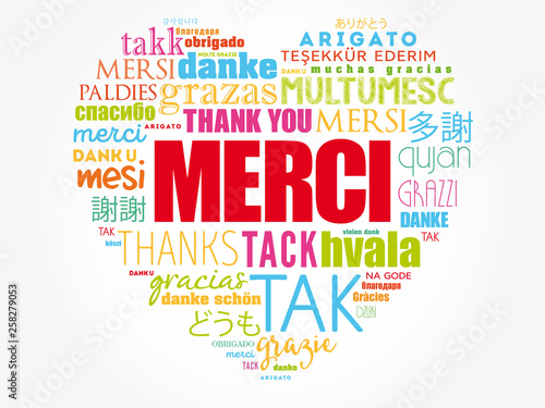 Merci (Thank You in French) love heart word cloud in different languages