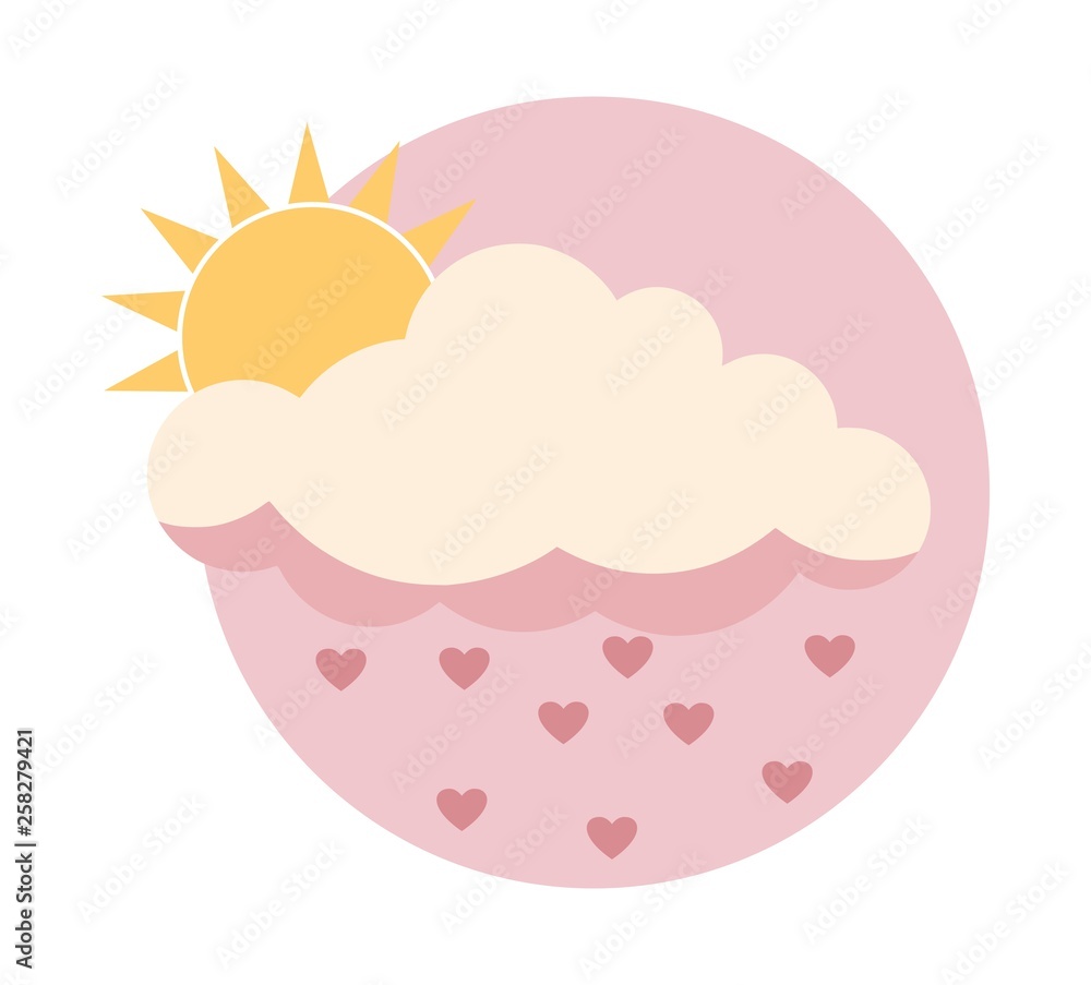 Flat sun behind cloud over pink sky with hearts rain isolated on white Flat sun behind cloud over pink sky with hearts rain isolated on white