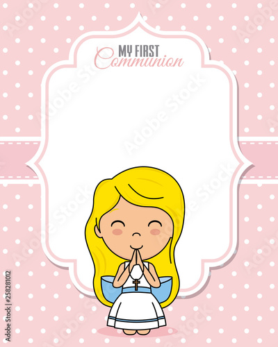 First communion card. Praying girl with space for text