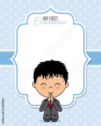 First communion card. Praying boy with space for text
