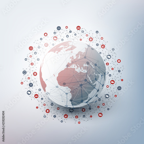     Internet of Things, Cloud Computing Design Concept with Earth Globe and Icons - Digital Network Connections, Technology Background 