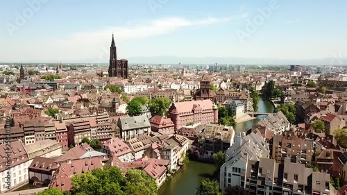 Aerial view of Petit France, with the Notre Dame in the background, Strassbourg, France, Europe. photo