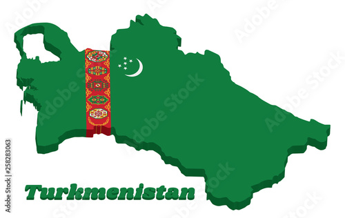 3D Map outline and flag of Turkmenistan, A green field with red stripe containing five carpet guls stacked above two crossed olive branches; a white crescent and stars.