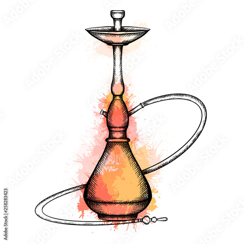 Illustration of hookah with hatching and warm orange and yellow watercolor splashes. Vector engraving element for menu, cards and your design.