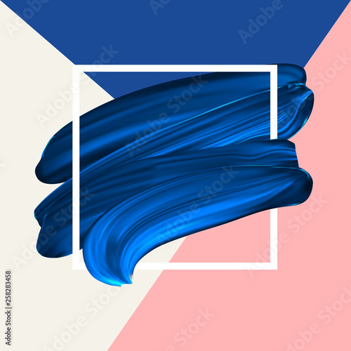 Blue vector lipstick smear. Female girly logo. Paint brush smudge in frame, banner template. Makeup or nail salon design element