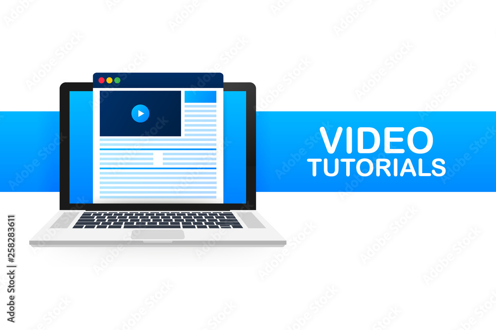 Video tutorials icon concept. Study and learning background, distance education and knowledge growth. Video conference and webinar icon, internet and video services. Vector illustration. - obrazy, fototapety, plakaty 
