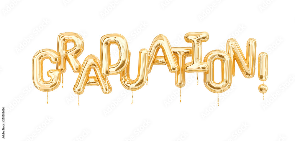 Fototapeta premium Graduation text banner isolated on white.Congratulation graduates party golden balloons. 3d rendering