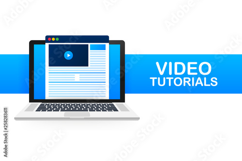 Video tutorials icon concept. Study and learning background, distance education and knowledge growth. Video conference and webinar icon, internet and video services. Vector illustration. photo