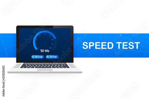 Speed test on laptop. Speedometer Internet Speed 100 mb. Website speed loading time. Vector illustration.