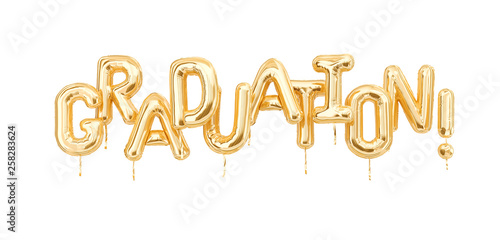 Graduation text banner isolated on white.Congratulation graduates party golden balloons. 3d rendering photo