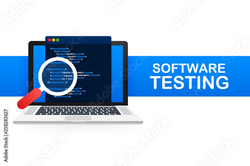 Software testing. Software development workflow process coding testing analysis concept. Vector illustration.