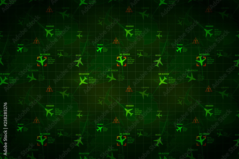 Green military radar with planes and target signs, wide detailed background