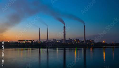 india ,Bundi,  factory, pollution,smoke, reflection