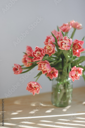 Pink peony tulips in a glass jar.