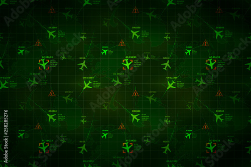 Green military radar with planes and target signs, wide detailed background