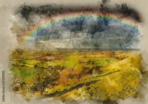 Watercolour painting of Stunning Summer sunset across countryside landscape with dramatic rainbow