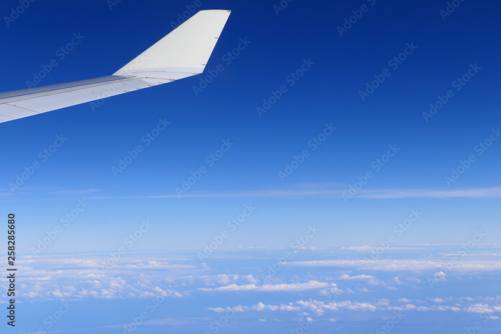 Fototapeta premium A Airplane in the air, with a clear sky in the background
