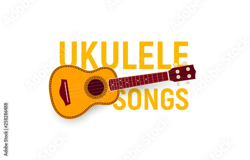 Musical instrument icon. Ukulele songs chords, songbook, music fest poster. Realistic logo template. Modern emblem idea. Isolated vector illustration on blank background.